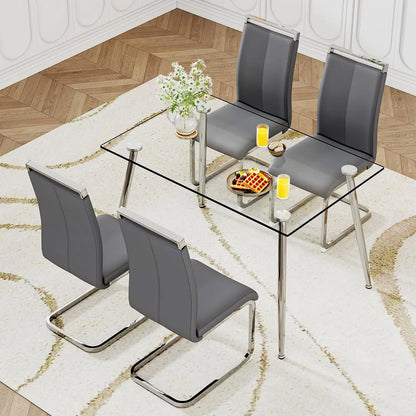 Glass Dining Table Set for 4,5 Piece Dining Table and Chairs Set，Modern Kitchen Dining Room Table with 4 Black PU Leather