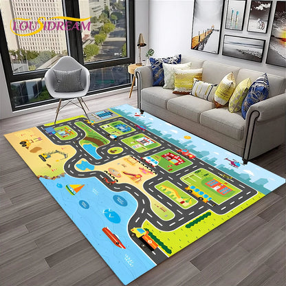 Child Playmat Traffic Highway City Playroom Carpet Rug for Home Living Room Bedroom Doormat Decor, Area Rug Non-slip Floor Mat