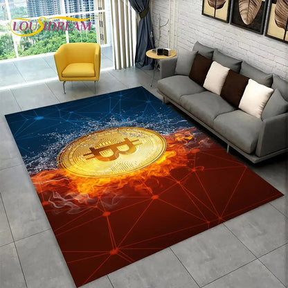 3D Bitcoin Virtual Currency Area Rug Large, Carpet Rug for Living Room Bedroom Sofa Playroom Doormat Decor, Kid Non-slip Floor Mat