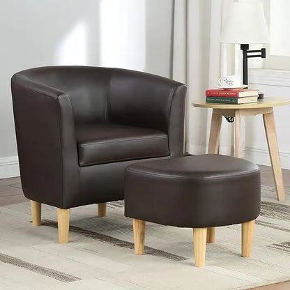 Mid Century Modern Barrel Comfy Fabric Armchair and Footrest Set, Upholstered Club Tub Round Arms Chair for Living Room Bedroom