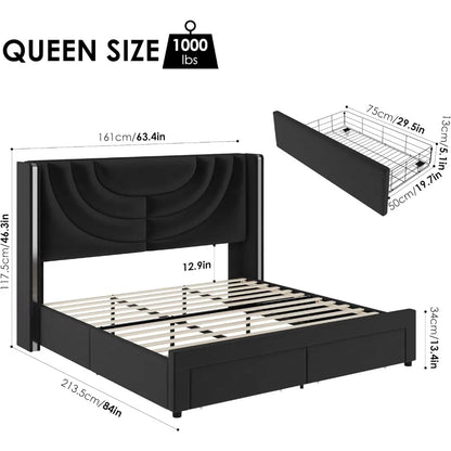 Queen Upholstered LED Bed Frame with 2 Storage Drawers, Velvet Platform Bed with Wingback Headboard, Solid Wooden Slats Support