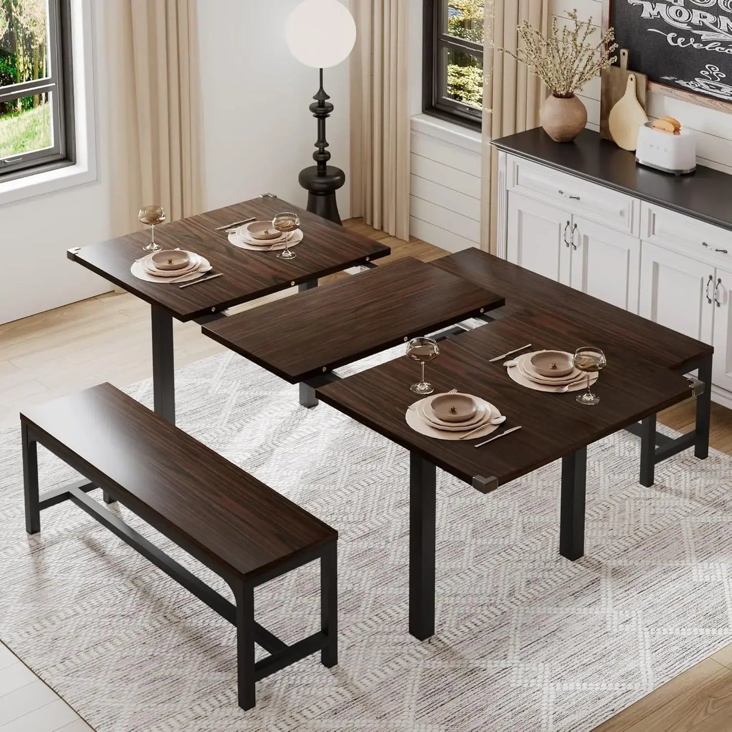 Dining Table Set for 4-8 People, Extendable Kitchen Table Set with 2 Benches and 2 Square Stools