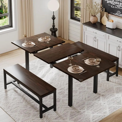Dining Table Set for 4-8 People, Extendable Kitchen Table Set with 2 Benches and 2 Square Stools