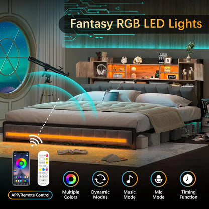 Queen Bed Frame with 3-Tier Headboard & 2 Hidden Storage, LED Lights Upholstered Bed Frame Queen Size with Charging Station