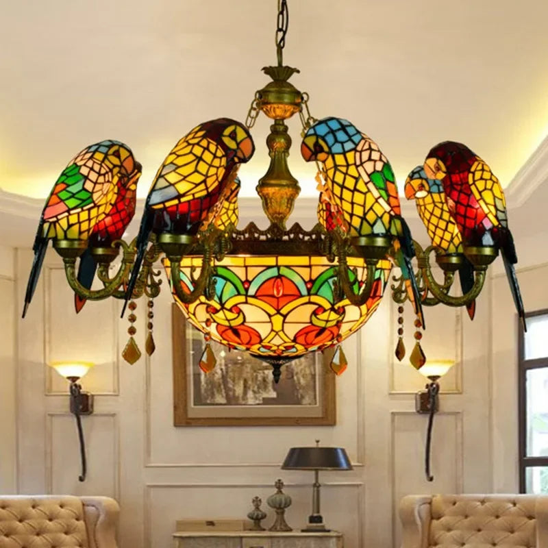European Creative Chandelier Retro Art Stained Glass Parrot Bar Restaurant Living Room Bird Lamp Glass Tiffany Chandelier