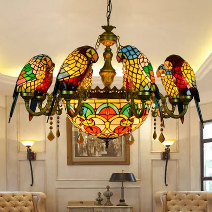 European Creative Chandelier Retro Art Stained Glass Parrot Bar Restaurant Living Room Bird Lamp Glass Tiffany Chandelier