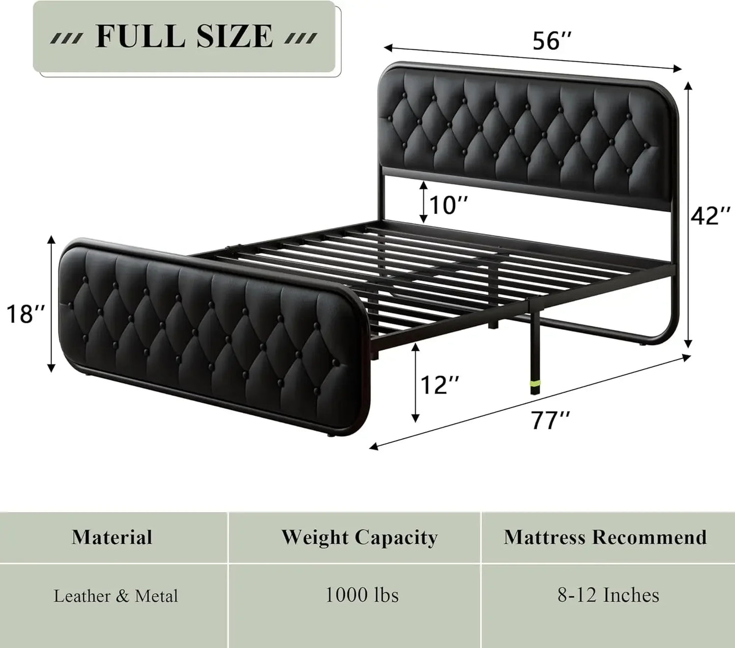 Heavy Duty Bed Frame with Faux Leather Headboard, Upholstered Platform Bed with Strong Metal Slats, 12" Under-Bed Storage