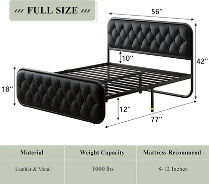 Heavy Duty Bed Frame with Faux Leather Headboard, Upholstered Platform Bed with Strong Metal Slats, 12" Under-Bed Storage