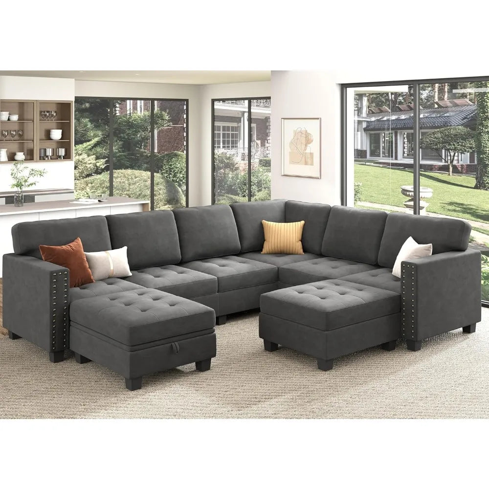 Velvet Modular Sectional Sofa, L Shaped Sofa Couch with Storage Top Tray Ottoman U Shape Sectional Couch for Living Room