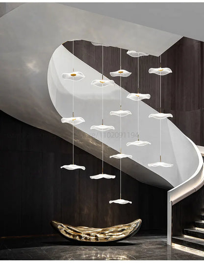 Led Staircase Pendant Lamp Modern Circular Lotus Leaf Living Room Chandelier Designer Villa Style Large Penthouse Chandelier