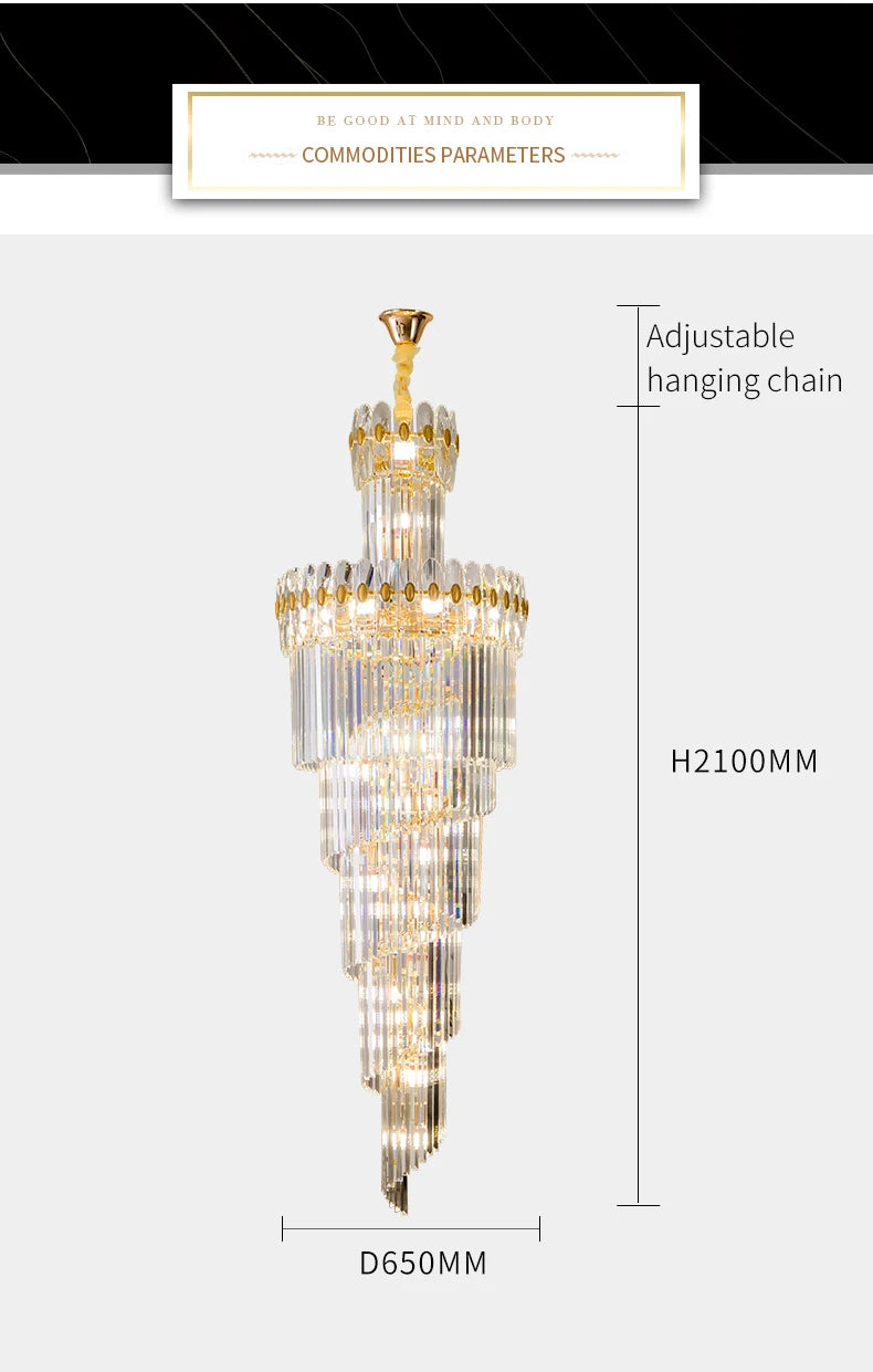 Post-Modern Duplex Villa Hall Crystal Chandelier Simple Light Luxury Jump Floor Floor Rotating Hollow Long Strip Crystal Chandel