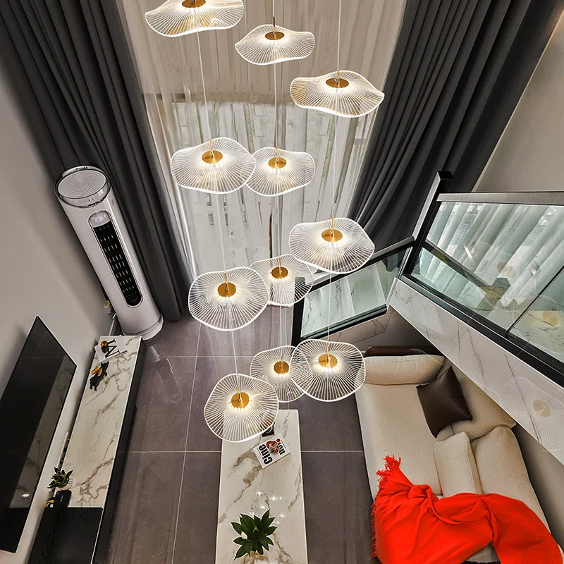 Led Staircase Pendant Lamp Modern Circular Lotus Leaf Living Room Chandelier Designer Villa Style Large Penthouse Chandelier