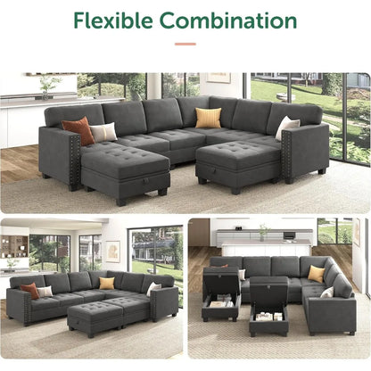 Velvet Modular Sectional Sofa, L Shaped Sofa Couch with Storage Top Tray Ottoman U Shape Sectional Couch for Living Room