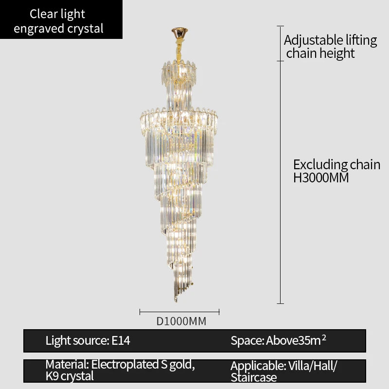Post-Modern Duplex Villa Hall Crystal Chandelier Simple Light Luxury Jump Floor Floor Rotating Hollow Long Strip Crystal Chandel