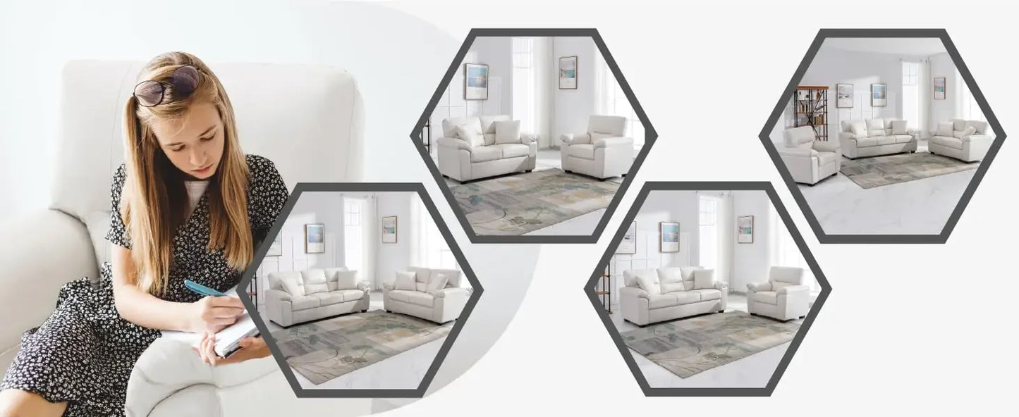 Morden Fort white leather love seat and sofa set, modern luxury and comfy furniture sleeper pouches for living room, apartment,