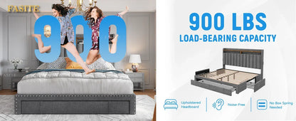 Bed Frame with 3 Storage Drawers,Queen Size Bed Frame with Headboard, Upholstered Platform Bed Frame Queen Size with Storage