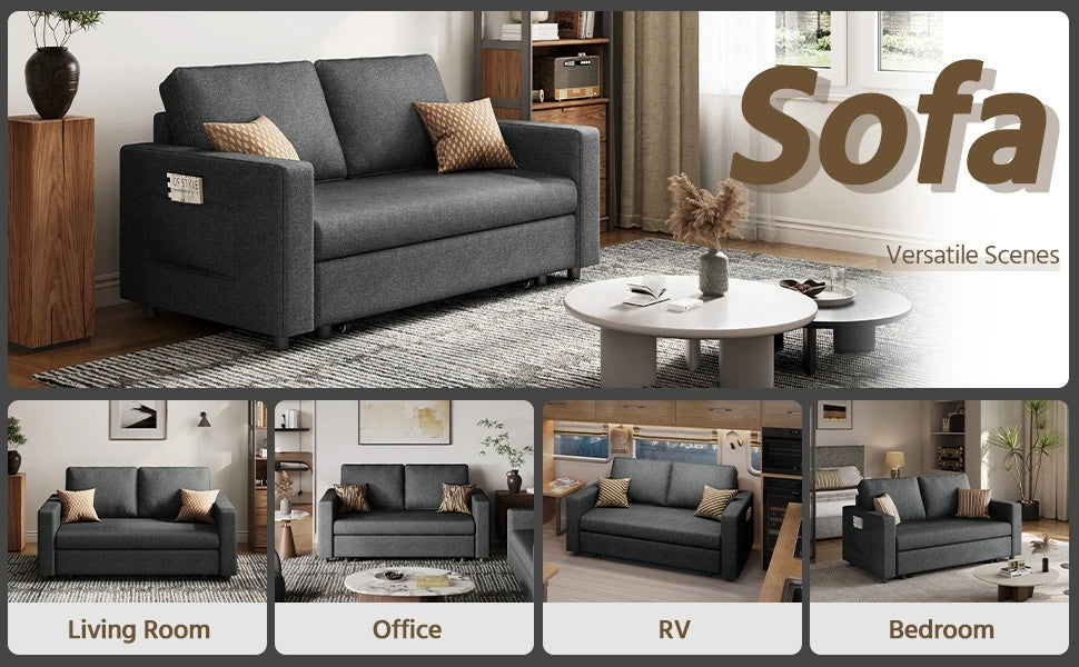 55.5 in Convertible Sofa Bed，Trundle Loveseat W/Pull-Out Trundle Bed Sleeper Sofa，for Living Room Bedroom，Convertible Couch