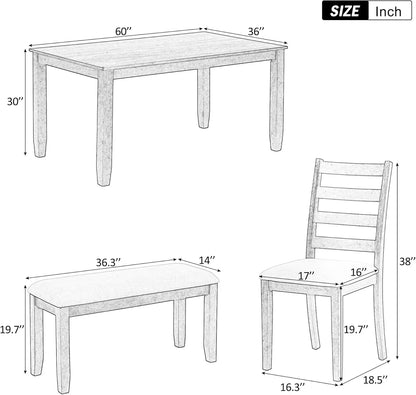 6 Pieces Dining Table Set with Bench, Rectangle Dining Table with 4 Upholstered Chairs & A Bench, Rubber Wood Dining Table Set