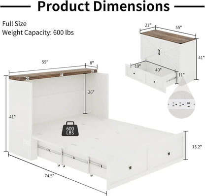 Full Size Murphy Bed, Cabinet Bed with Charging Station Large Storage Drawer for Home Office or Small Room, Hideaway Bed Full Fo