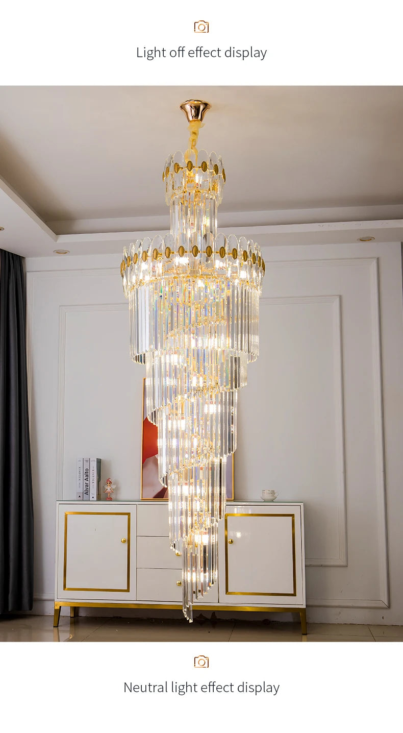 Post-Modern Duplex Villa Hall Crystal Chandelier Simple Light Luxury Jump Floor Floor Rotating Hollow Long Strip Crystal Chandel