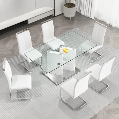 Modern dining table set for 6 people, glass table with 6 faux leather chairs, kitchen display table, suitable for living room
