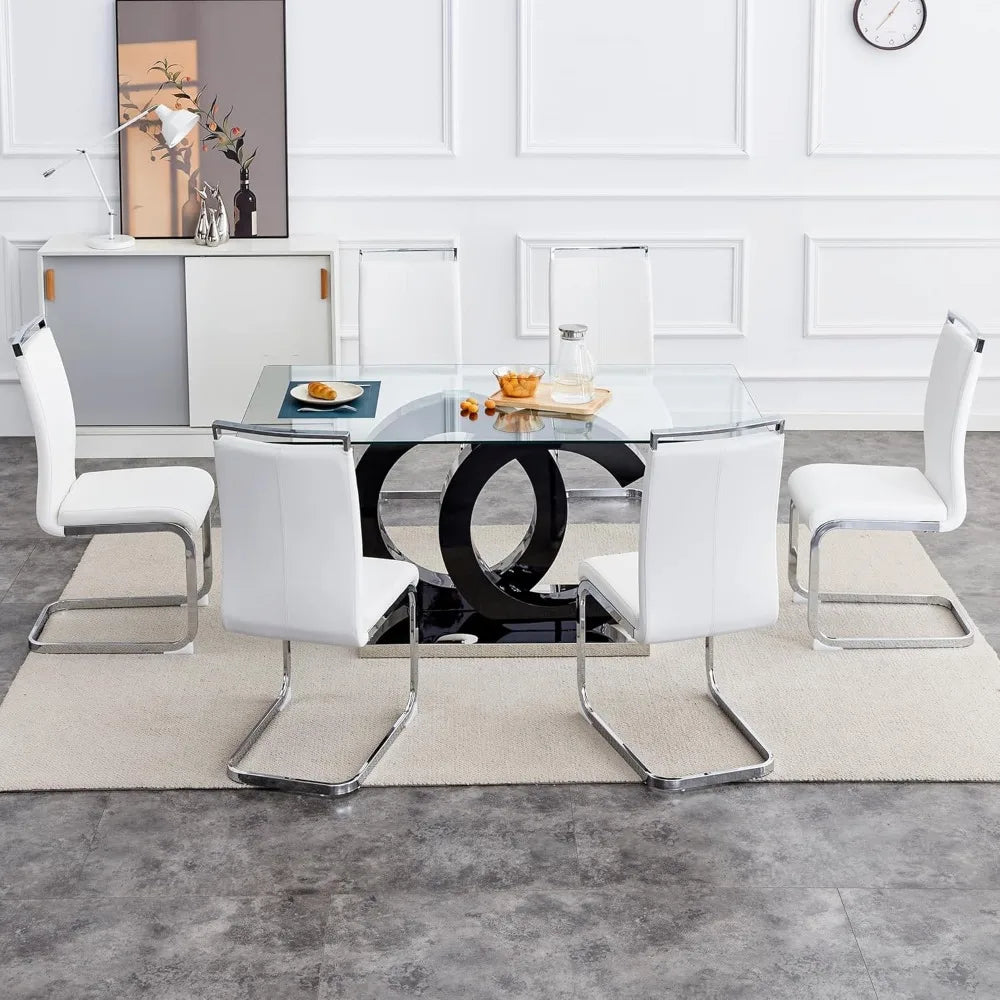 Glass Dining Table Set for 6 ,7 Piece Dining Table Set,Tempered Glass Table Top,PU Leather Ergonomic Dining Chairs Easy Assembly