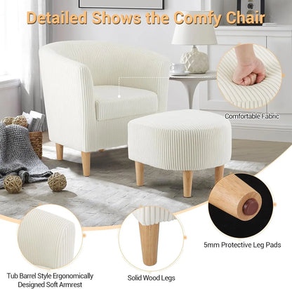 Accent Chair, Sherpa Chair White Fluffy Chair Teddy Barrel Chair with Ottoman Comfy ArmChair Footrest Set