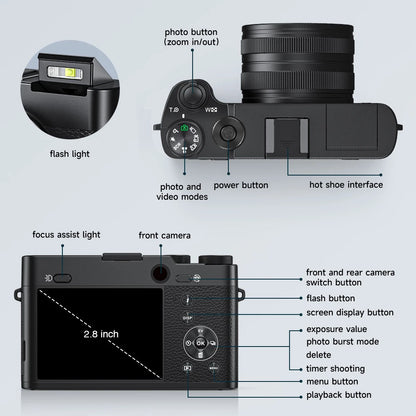 Digital Camera, 6X Optical Zoom & WiFi, 5K 30FPS 64MP Vlogging Camera, Rear & Front Cameras for Photography and Video, 64GB Card