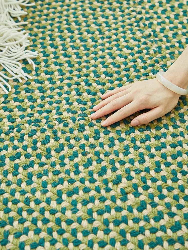 Green Hand Woven Cotton Carpet Living Room Light Luxury Modern Villa Area Rug Decor Home Study Non-slip Mat Bedroom Rug Large