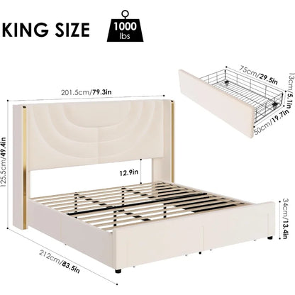 Queen Upholstered LED Bed Frame with 2 Storage Drawers, Velvet Platform Bed with Wingback Headboard, Solid Wooden Slats Support