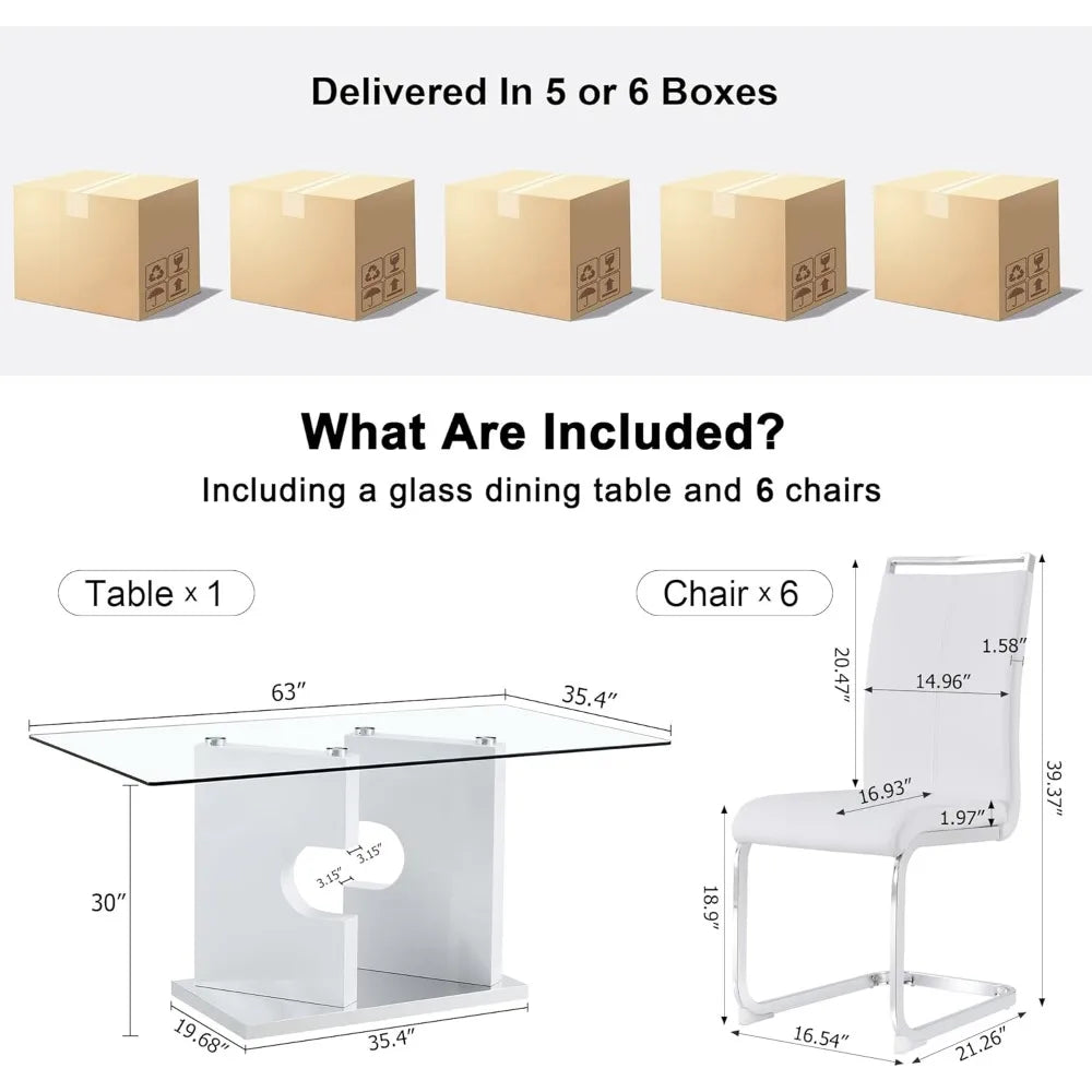 Modern dining table set for 6 people, glass table with 6 faux leather chairs, kitchen display table, suitable for living room