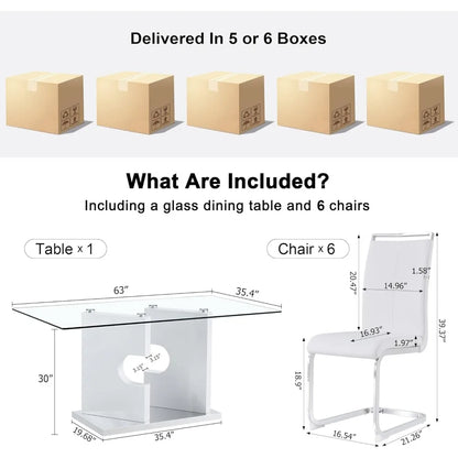 Modern dining table set for 6 people, glass table with 6 faux leather chairs, kitchen display table, suitable for living room