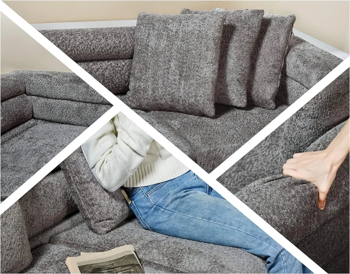 Oversized sofa-85 inch sofa couch, 3 seater comfy bouclé deep seat sofa for living room-Grey