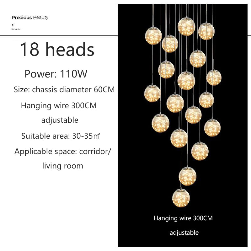 Modern Led Chandelier Glass Ball Dimmable for Staircase Living Room Pendant Lamps Home Decor Lighting Suspension Design Lusters