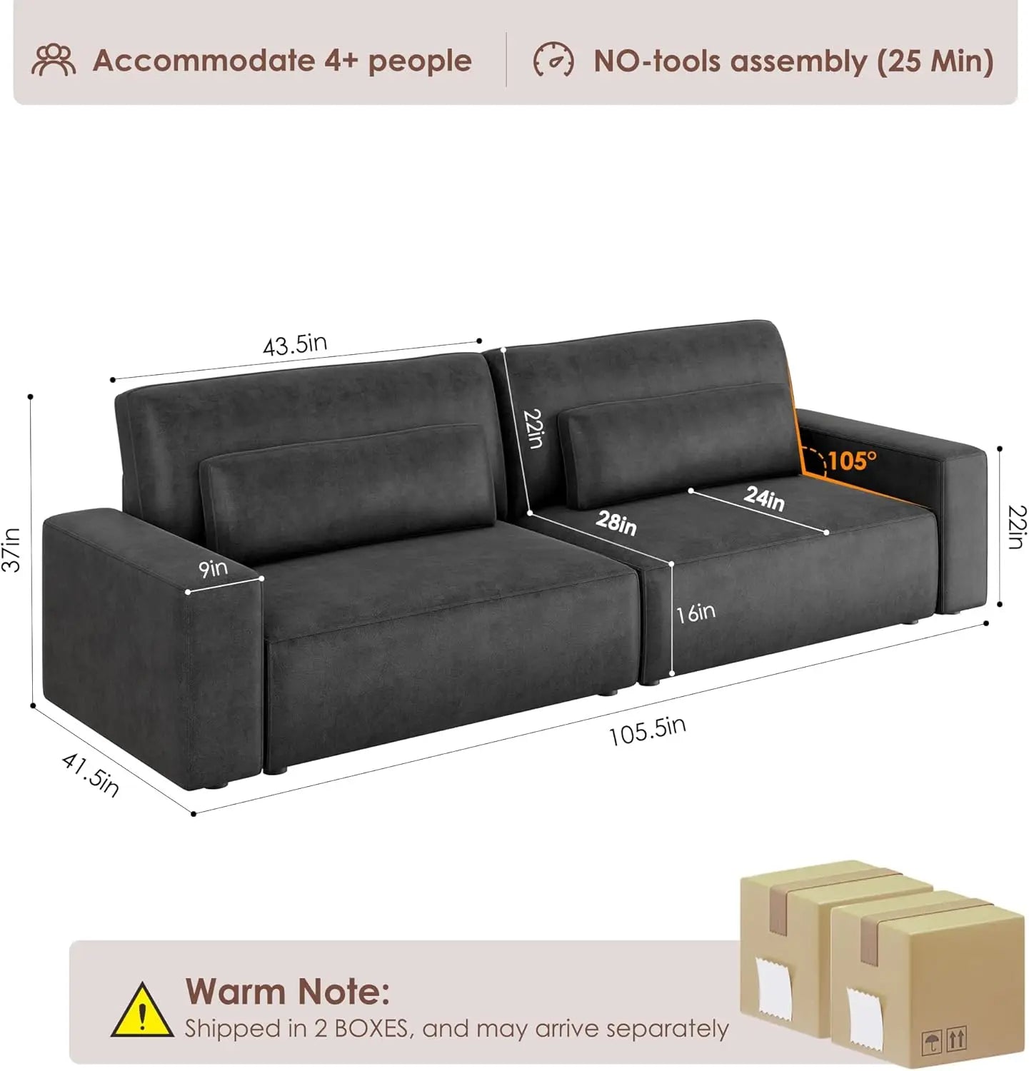 Hifit 105"" Large Sofa Couches For Living Room, Fluffy Faux Leather Couch With 35"" Extra Deep Love Seat & Comfy Cushion, 2