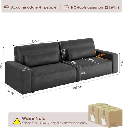 Hifit 105"" Large Sofa Couches For Living Room, Fluffy Faux Leather Couch With 35"" Extra Deep Love Seat & Comfy Cushion, 2