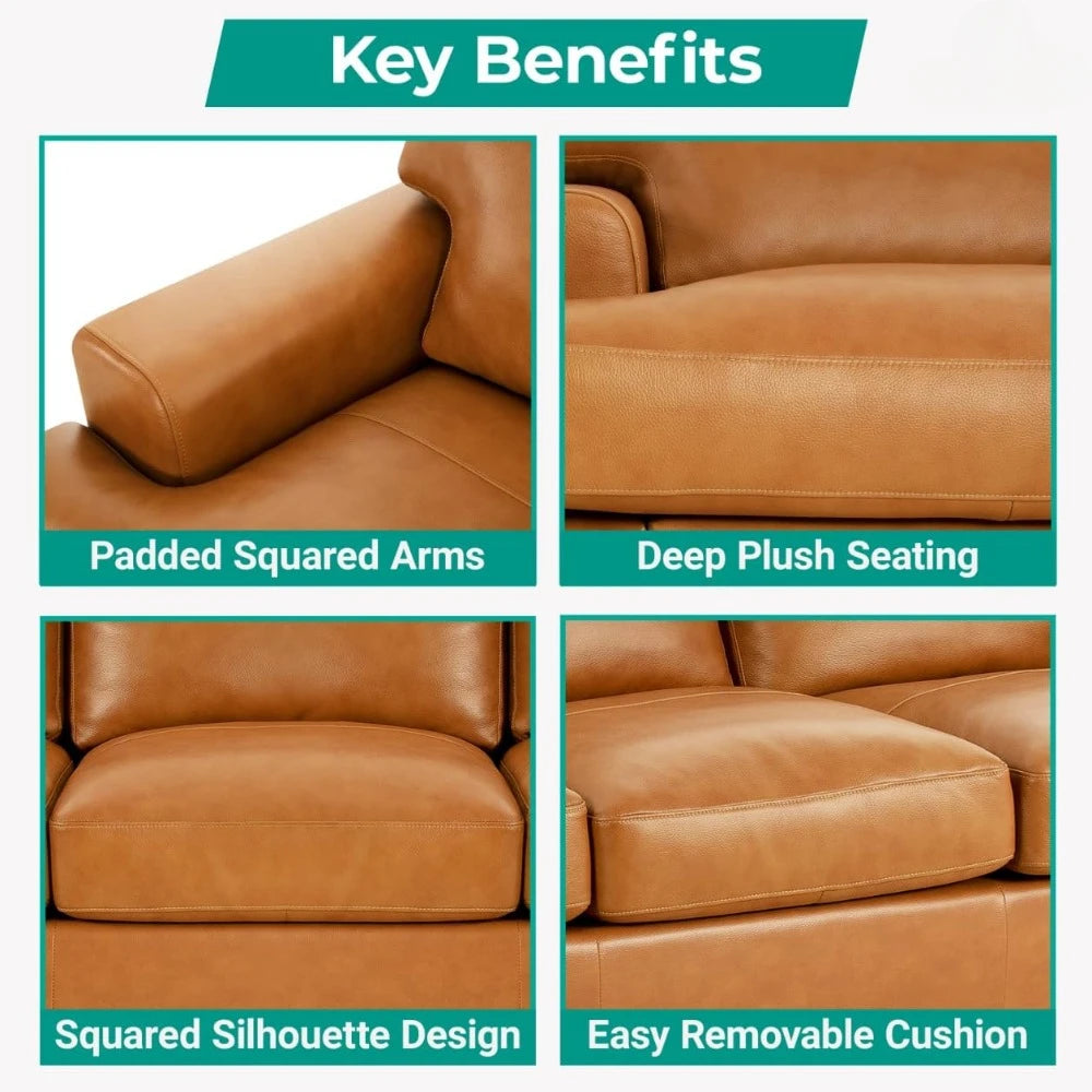 Genuine Leather Sofa - Luxurious Comfort, Goose Feather Cushion Filling, Square Arm Design, Sturdy Block Legs, Living Room Sofas