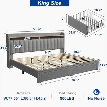 Queen Bed Frame with Headboard and Storage, Upholstered Queen Bed Frame with Storage, Queen Size Bed Frame with 2 Drawer
