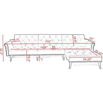 Sectional Sofa Right Hand Facing Velvet Button Tufted, L Shape Chaise with Nail Head Detail, Sofa
