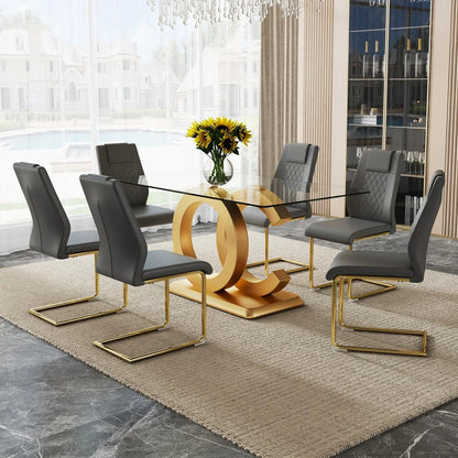 Dining Table Set for 6,Glass Table Top and MDF Base，Rectangular Dining Room Table with 6 PU Leather Upholstered Dining Chairs