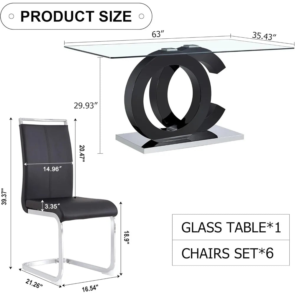 Glass Dining Table Set for 6 ,7 Piece Dining Table Set,Tempered Glass Table Top,PU Leather Ergonomic Dining Chairs Easy Assembly