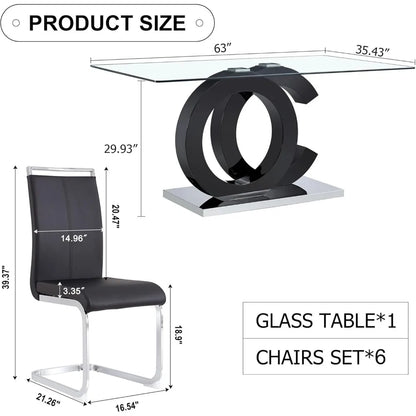 Glass Dining Table Set for 6 ,7 Piece Dining Table Set,Tempered Glass Table Top,PU Leather Ergonomic Dining Chairs Easy Assembly