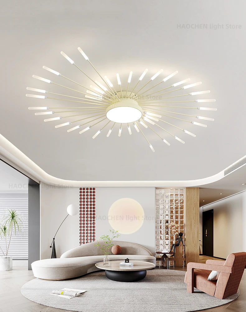 Led Firework Chandelier Dimmable For Living Room Bedroom Milk Yellow Ceiling Chandelier Dining Room LED Ceiling Lamp With Remote