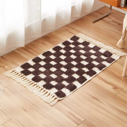 Vintage Nordic Style Cotton Linen Handmade Tassel Area Rug Checkerboard Tufted Floor Bedside Mat Living Room Bedroom Tapestry