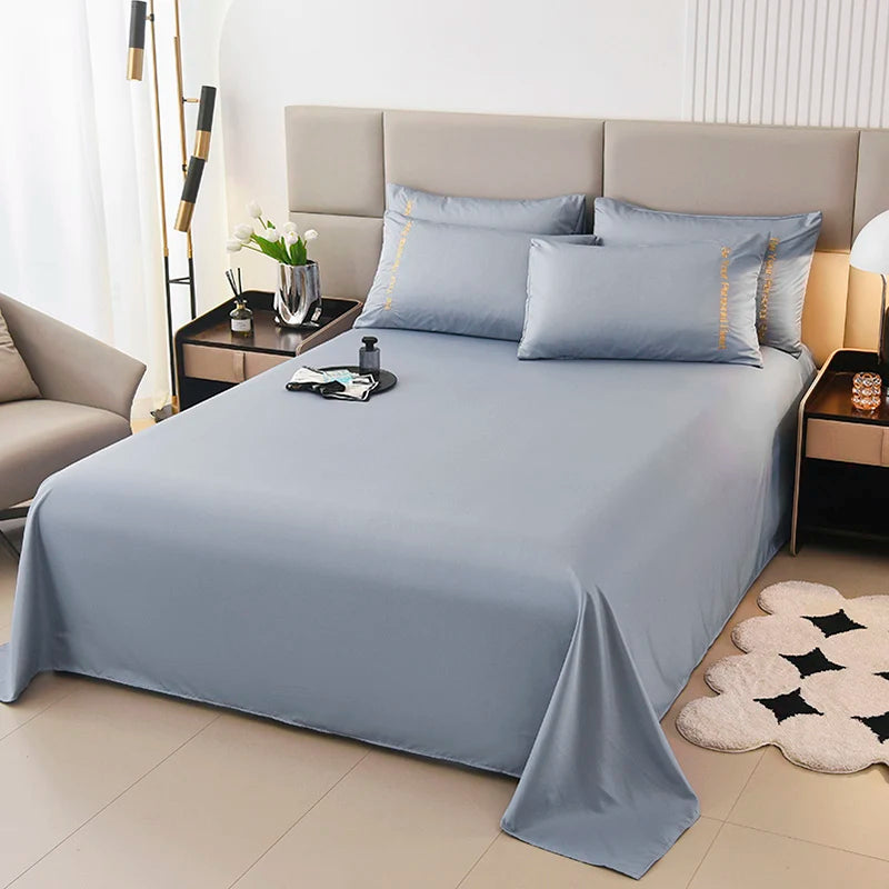 3PCS Solid Color Flat Sheet With English Embroidery Pillowcases Soft & Breathable Bed Sheet Hotel Quality Microfiber Bed Cover