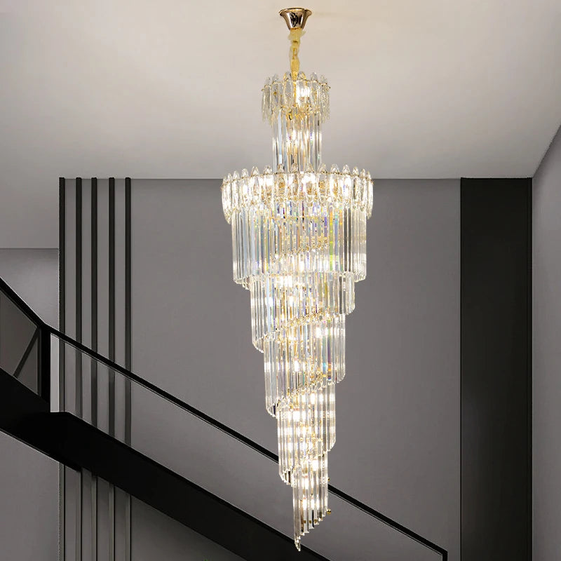 Post-Modern Duplex Villa Hall Crystal Chandelier Simple Light Luxury Jump Floor Floor Rotating Hollow Long Strip Crystal Chandel