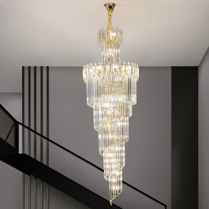 Post-Modern Duplex Villa Hall Crystal Chandelier Simple Light Luxury Jump Floor Floor Rotating Hollow Long Strip Crystal Chandel