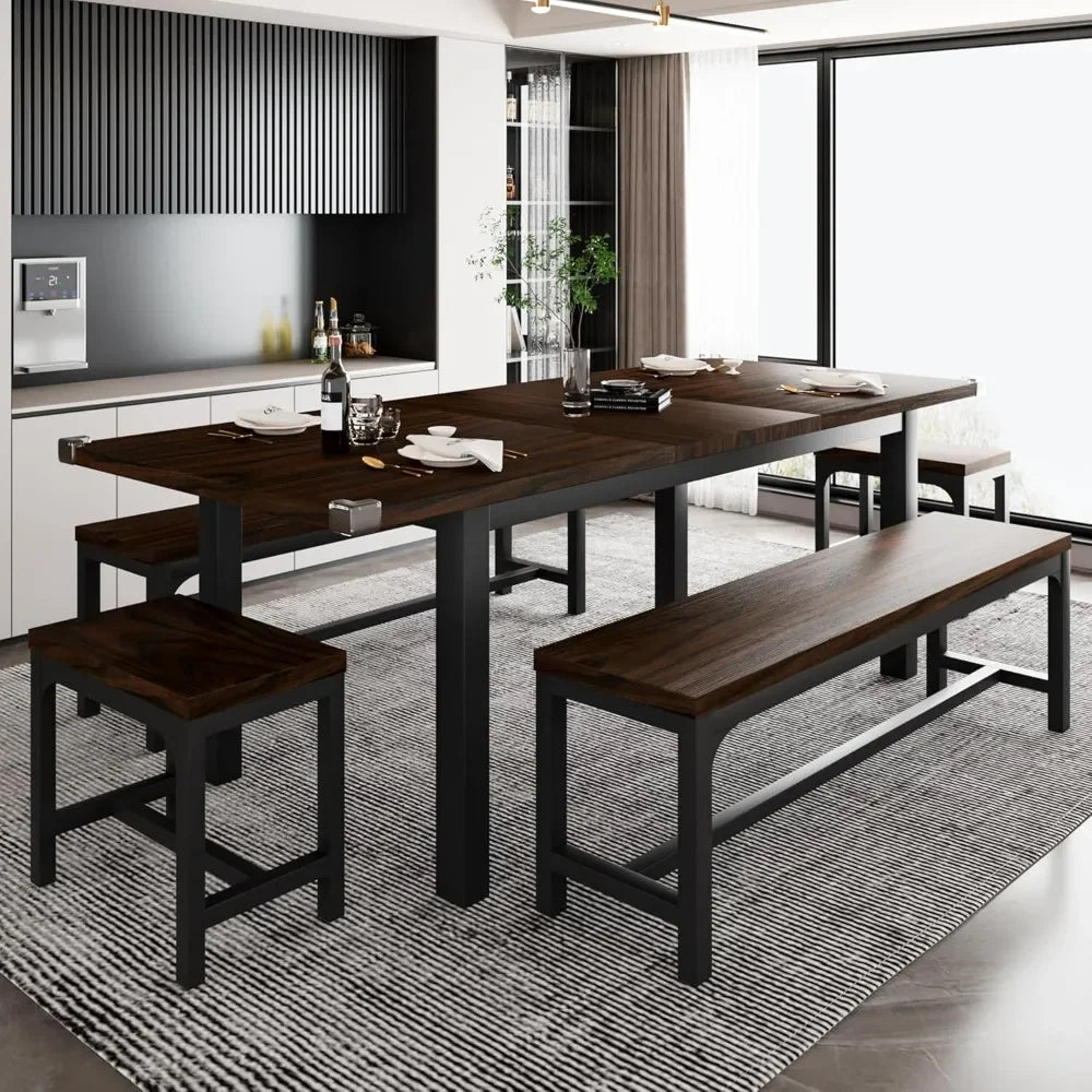 Dining Table Set for 4-8 People, Extendable Kitchen Table Set with 2 Benches and 2 Square Stools