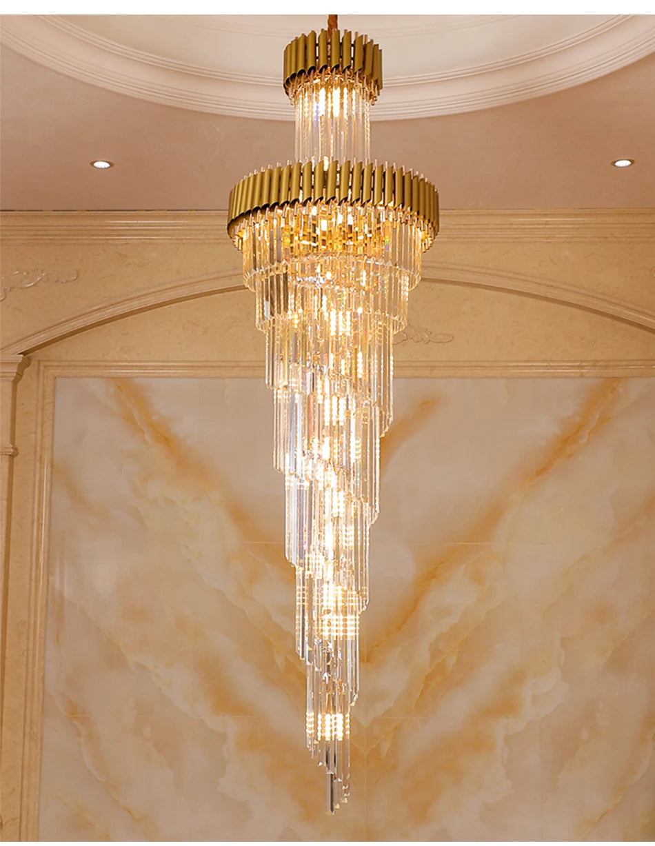 Large Top Long Crystal Led Chandeliers Hotel Hall Living Room Luxury Multi-layer Staircase Lighting Black Stainless Steel Light