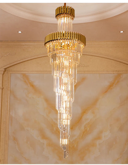 Large Top Long Crystal Led Chandeliers Hotel Hall Living Room Luxury Multi-layer Staircase Lighting Black Stainless Steel Light